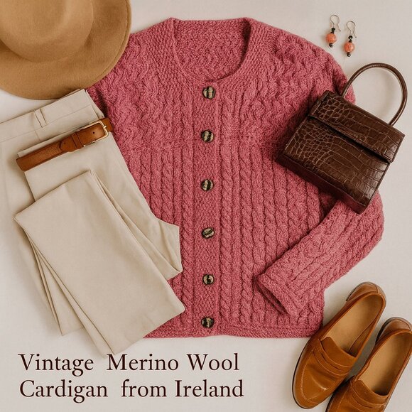 Carraig Donn Merino Wool Cardigan Pink Cable Knit • Preppy Classic Ireland • M - Picture 14 of 14